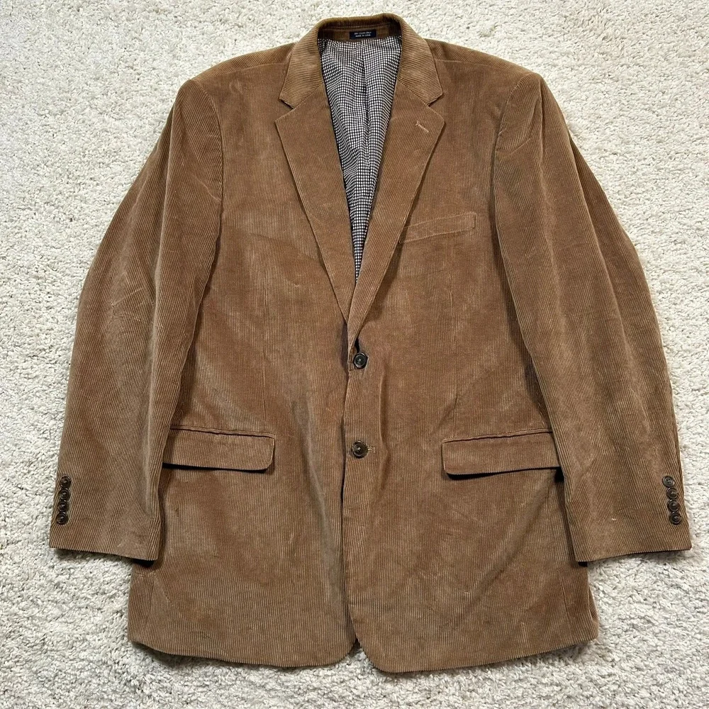 Saddlebred Corduroy Sport Coat Blazer 46L Brown Tan Two Button Gingham Lined